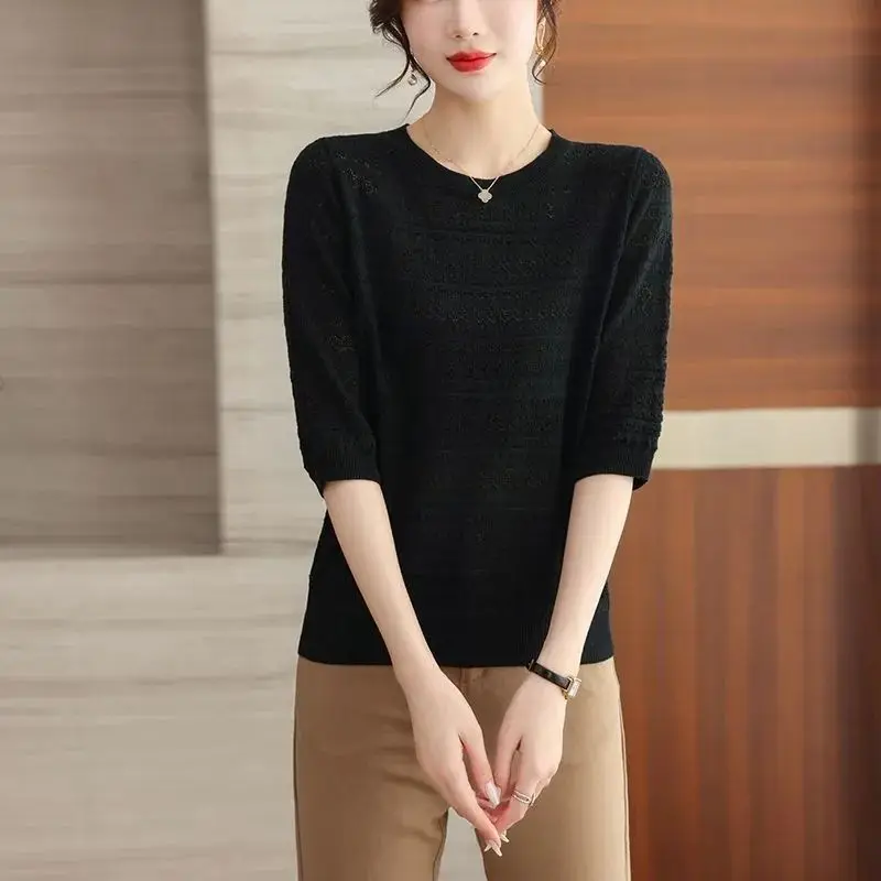 Simplicity Office Lady Spring/Summer Thin Style Women\'s O-Neck Solid Hollow Out Fashion Versatile Half Sleeve Loose Knitted Tops