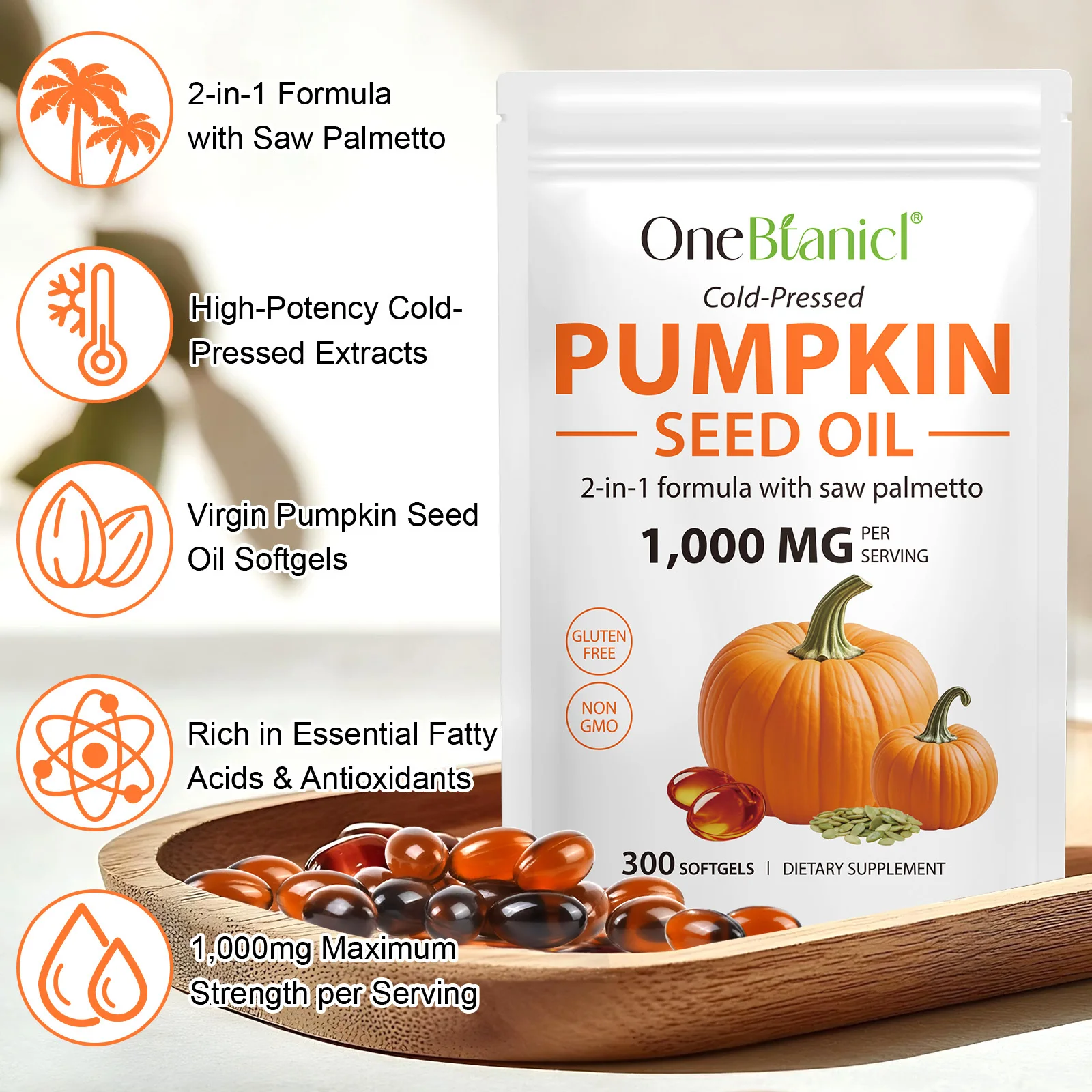 Pumpkin Seed Oil Supplement Softgels with Saw Palmetto, 2-in-1 Formula for Men’s Prostate & Urinary Health Support, 300 Softgels