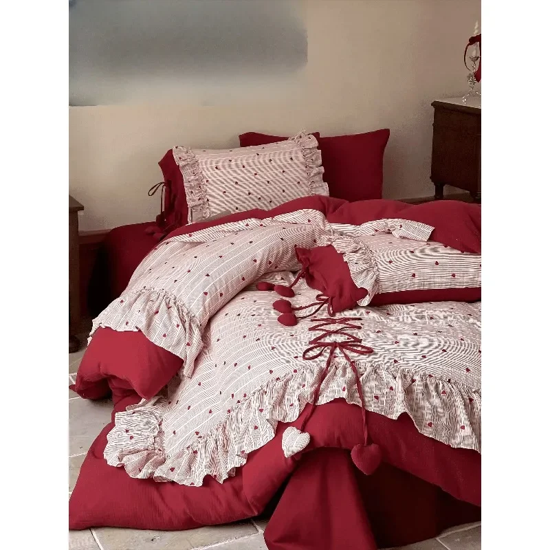 French romantic cotton double-layer yarn embroidered jacquard four-piece set of pure cotton lace red bedding