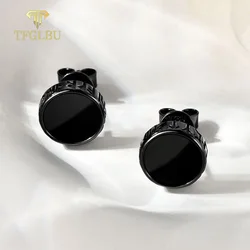 TFGLBU New 8mm Black Agate Stud Earrings for Women/man Black Gold Plated Sterling Silver Diamond Ear Party Wedding Fine Jewelry