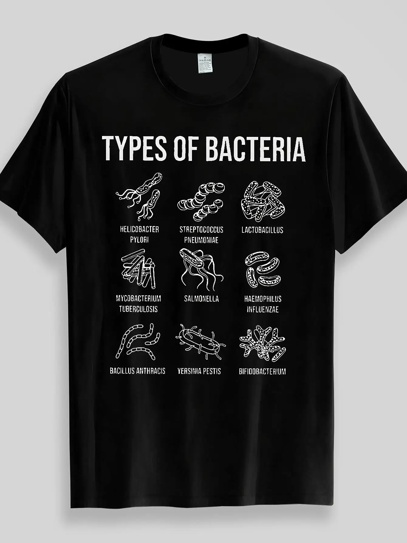Men's Science-Themed T-Shirt with Helicobacter Pylori & 9 Bacteria Print Microbiology Gift Casual Round Neck Loose Fit Fun Tees
