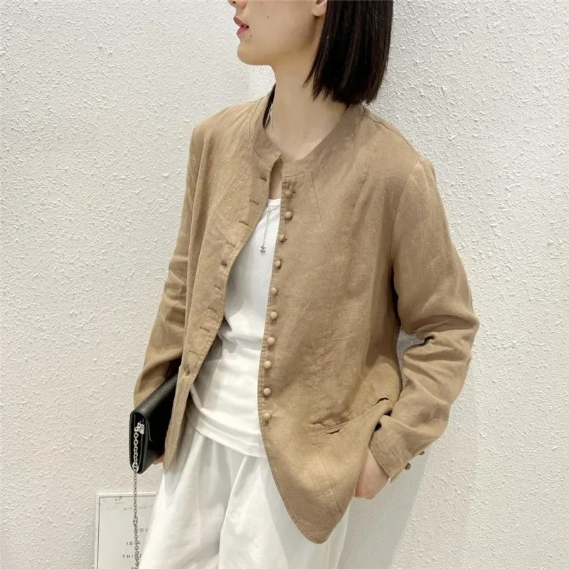 Retro Chinese Style Cotton Linen Suit Jacket Women‘s Blouse 2024 New Fashion Spring Autumn Thin Coat Outerwear Casaco Feminino