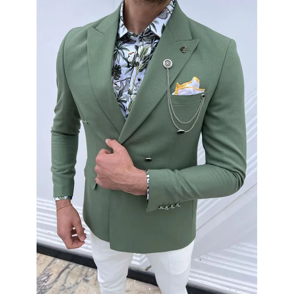 

Formal Men's Suits Double Breasted 2 Pieces Green Jacket White Pants Male Clothing Slim Fit Banquet Business Blazers Sets