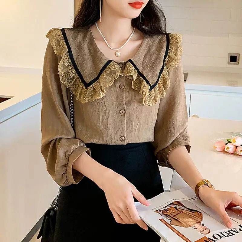 Women Vintage Lace Patchwork Peter Pan Collar Shirts Spring Autumn Trendy Chic Sweet Blouses Solid Loose Tops Long Sleeve Blusa