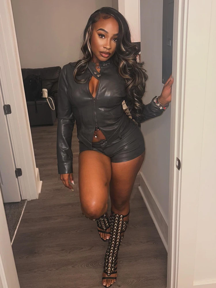 Y2k Punk PU Leather Sexy Women 2 Piece Sets Black Long Sleeve Zip Jacket and Shorts Suit Fall 2025 Night Out Club Outfits
