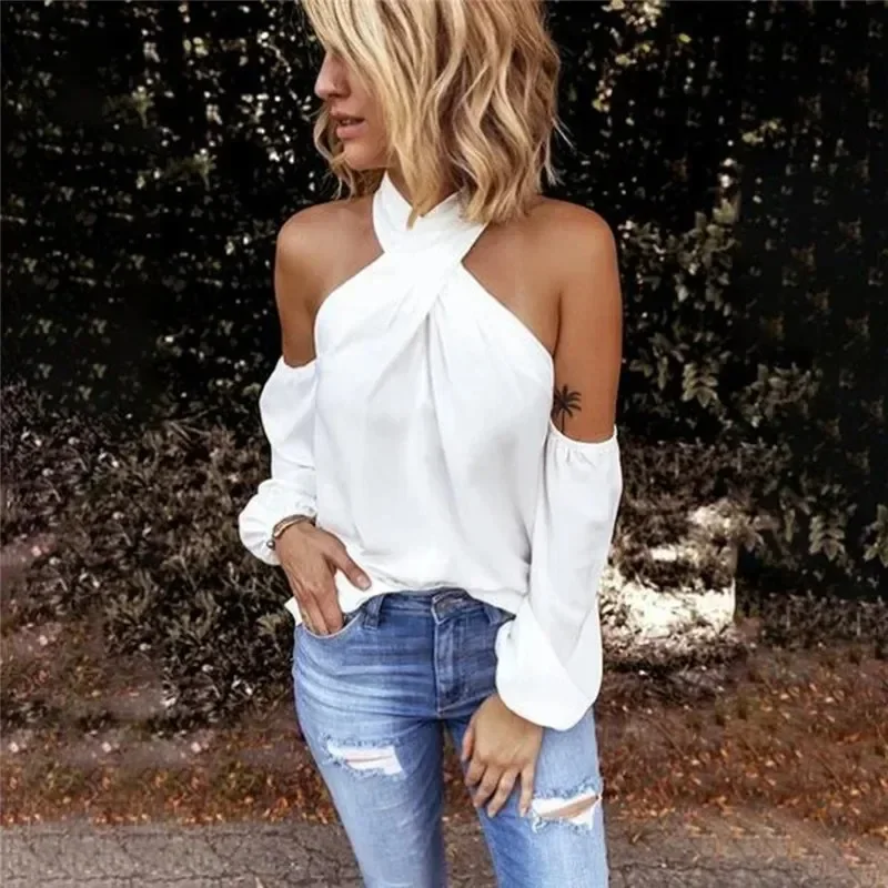 Women\'s 2024 New Strapless White Top Shirt Casual Slim Ladies Bodycon Back Zipper Hanging Neck Top Elegant Summer Sexy