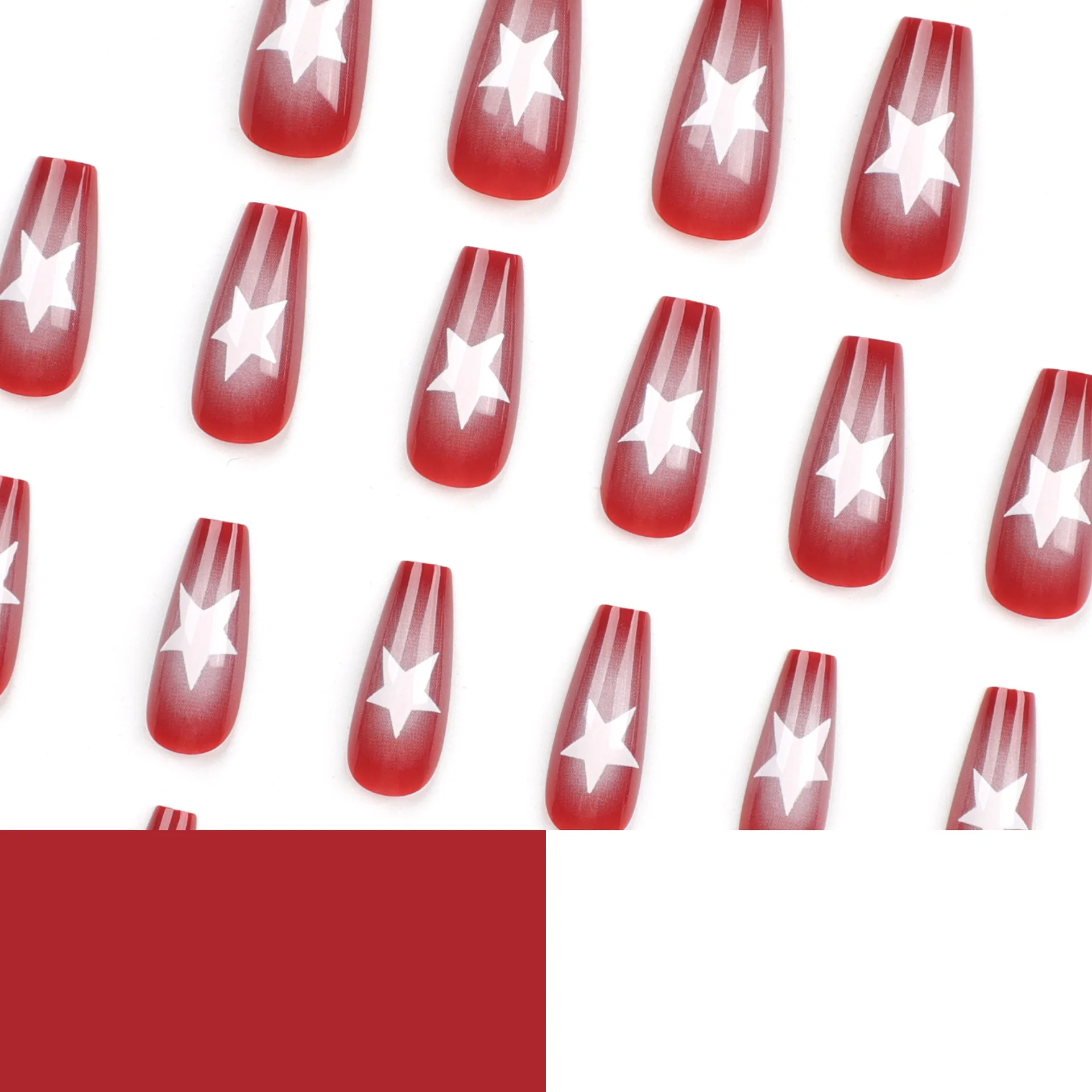 Imprensa vermelha em unhas falsas para mulheres, caixão médio, Cola nas unhas com design de estrela branca, Capa completa, Fal de acrílico artificial, Vermelho, Y2K