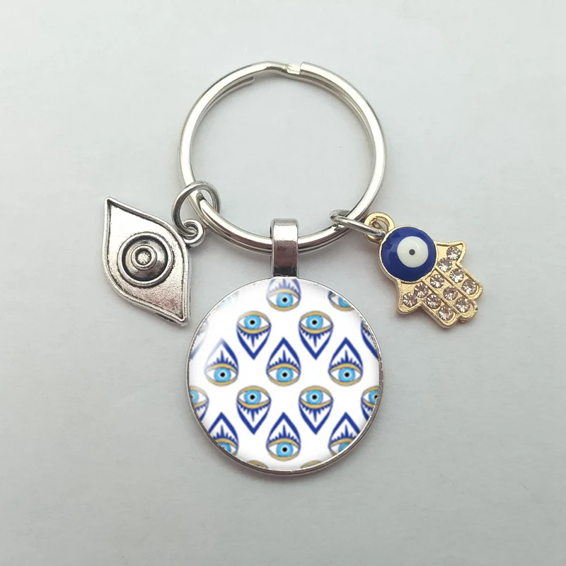 Beautiful Blue Evil Eye Religious Photo Round Glass Keychain Evil Eye Pendant Keyring Eyelashes Big Evil Keychain Jewelry Gift