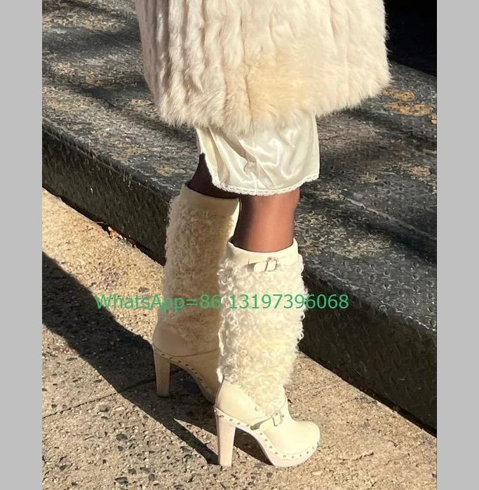 Lady Fur Lambswool Curly Wool Knee Boots Platform Chunky Heel Fur White Causal New Arrive Warm Boots Winter Runway Boots Size