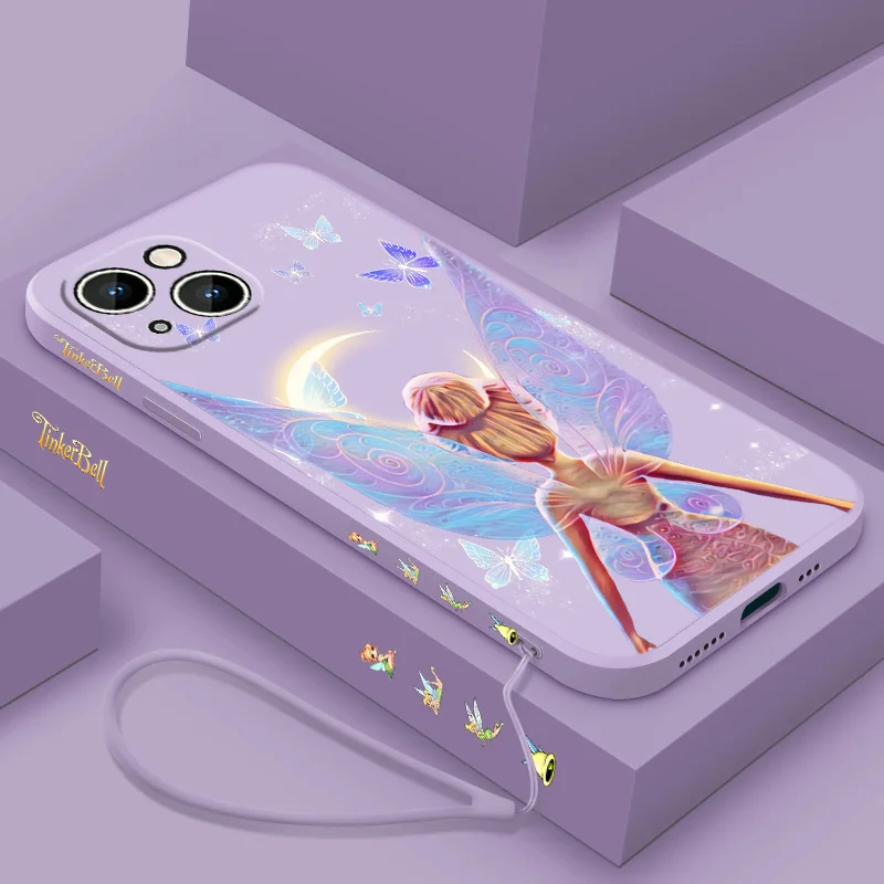 لطيف ديزني تينكر بيل السائل الحبل الأيسر جراب هاتف آيفون 16 15 14 13 12 11 برو ماكس Mini X XR XS 8 7 Plus Funda غطاء ناعم
