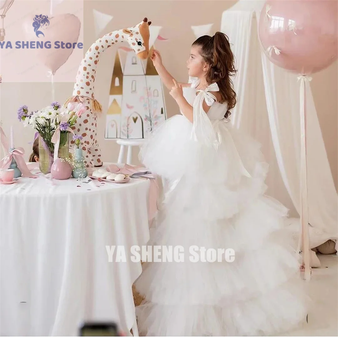 

White Layered Flower Girl Dress For Wedding Tulle Puffy Elegant Princess Kids Birthday Party First Communion Ball Gowns