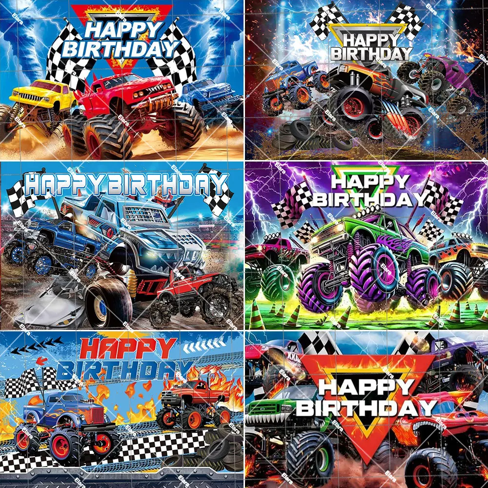

Cartoon Monster Trucks Birthday Party Decor Banner Monster Car Photograohy Backdrop Racing Car Boys Decors Photo Booth Studio