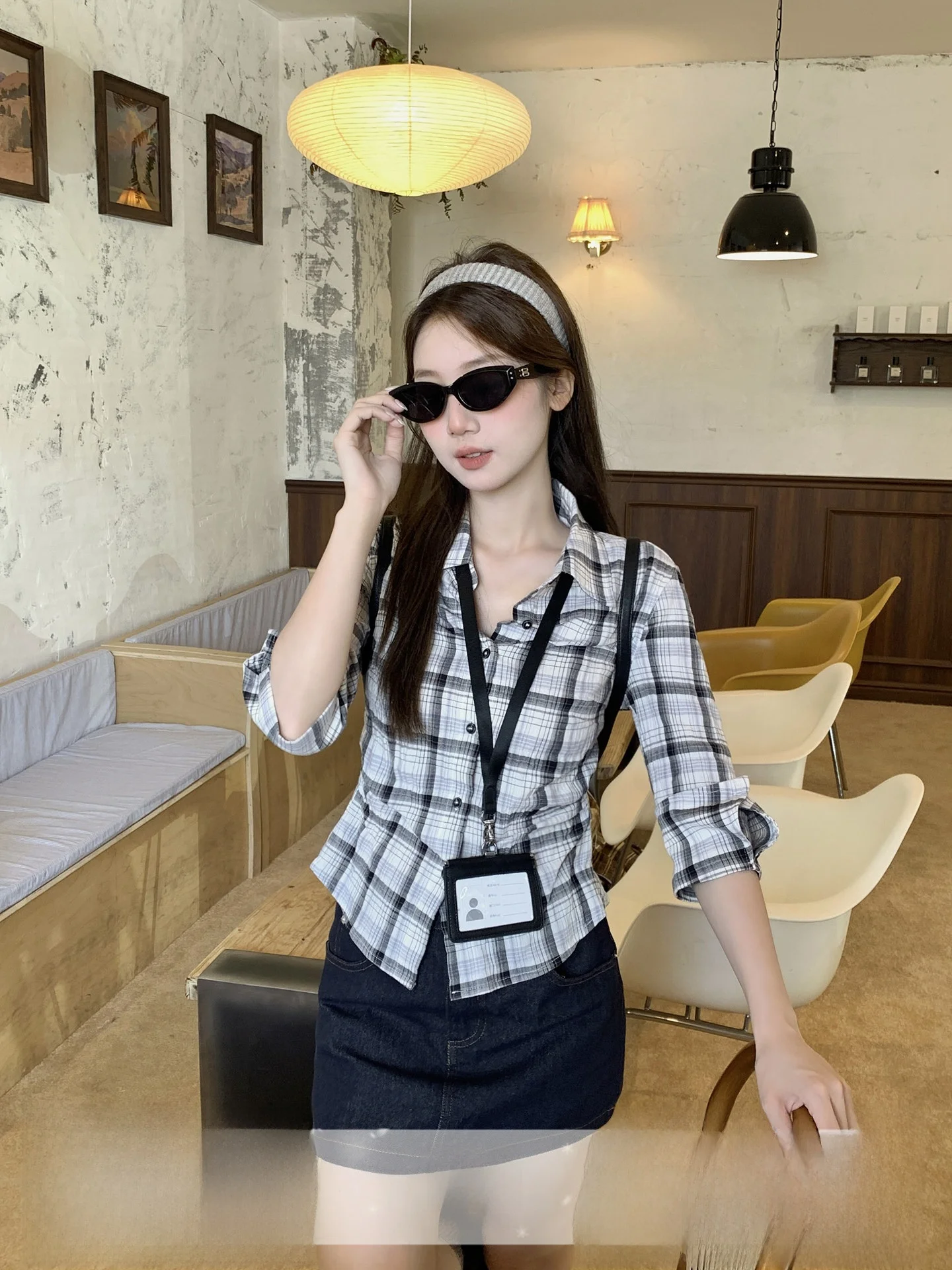 

Women's Collar Shirt 7/8 Sleeve Gathered Waist Slim Fit Cotton Blend Casual Style Vintage Plaid Design Breathable Shirt