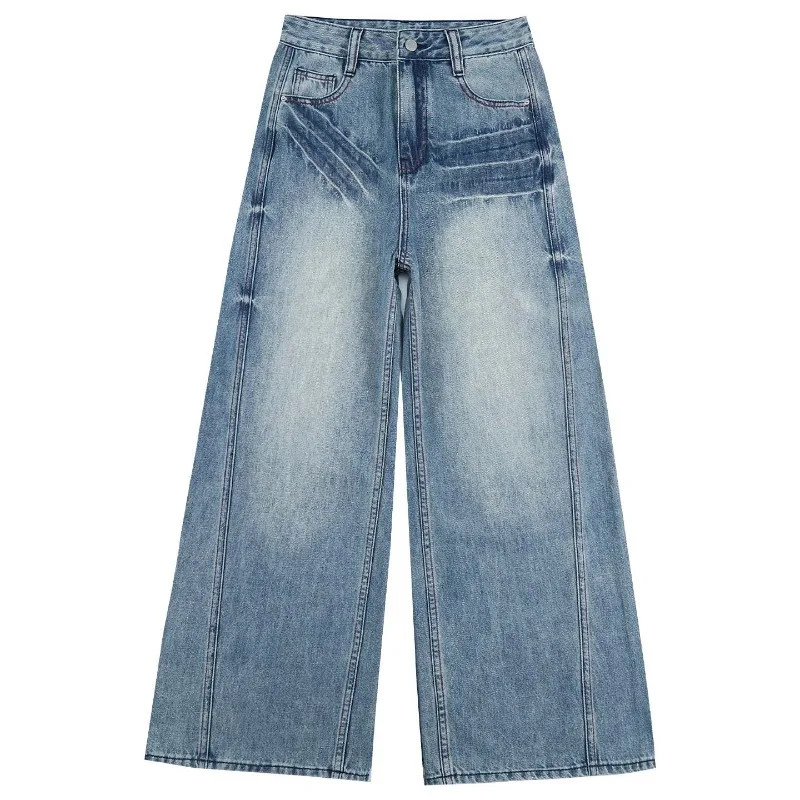 Women Vintage Blue Washed Contrast Red Stitch Jeans 2026 Early Autumn High Waist Textured Wide Leg Casual Baggy Denim Pants Y2K