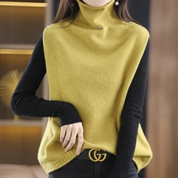 100% Merino Wool One Button Knitted Vest Women's High Neck Sweater Lloose And Simple Top 2026 Autumn/winter New Jacket JQ137