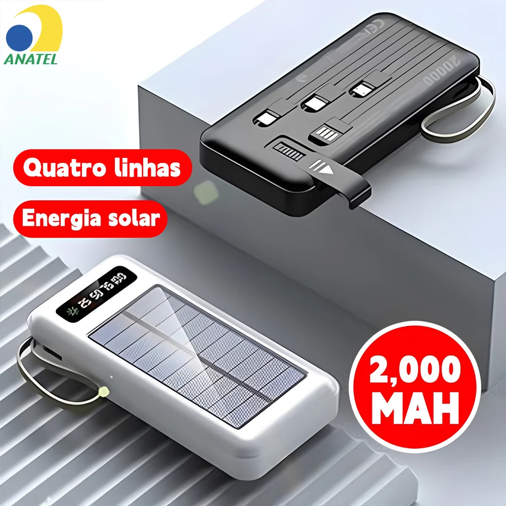 Carregador Portátil Solar 20000mAh com 4 Portas USB, Cabos Embutidos e Lanterna LED para Celular e Viagem