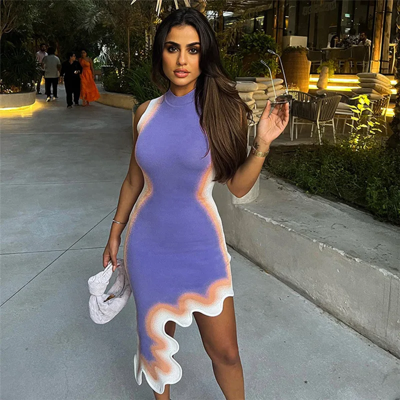 Sexy Sleeveless Asymmetrical Purple Mini Dress Women Tie Dyed Print Party Tank Vestidos 2023 Summer Night Club Clothes Wholesale