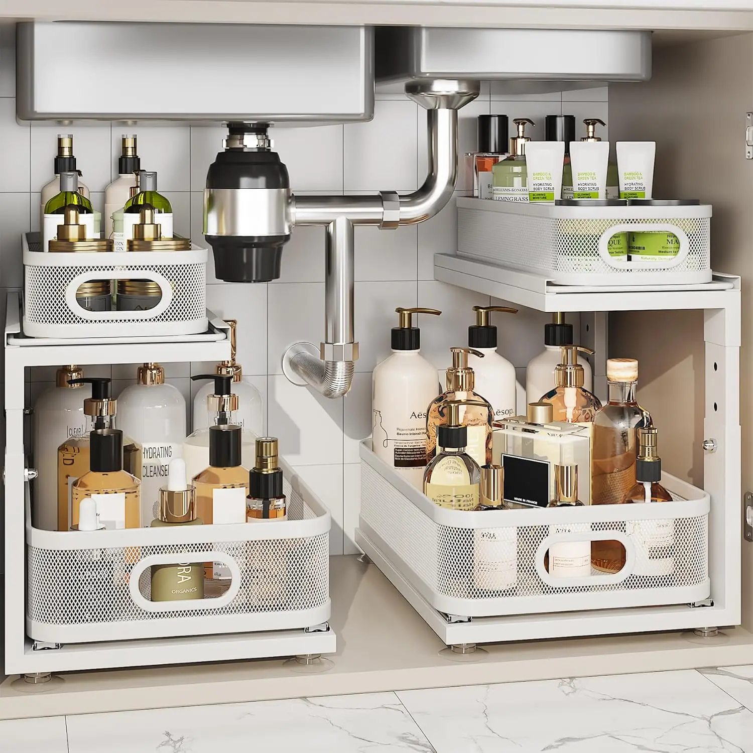 

Двухуровневые выдвижные ящики для шкафов с регулируемой полкой, сетчатые контейнеры для хранения, устойчивые к ржавчине, для кухни и ванной комнаты