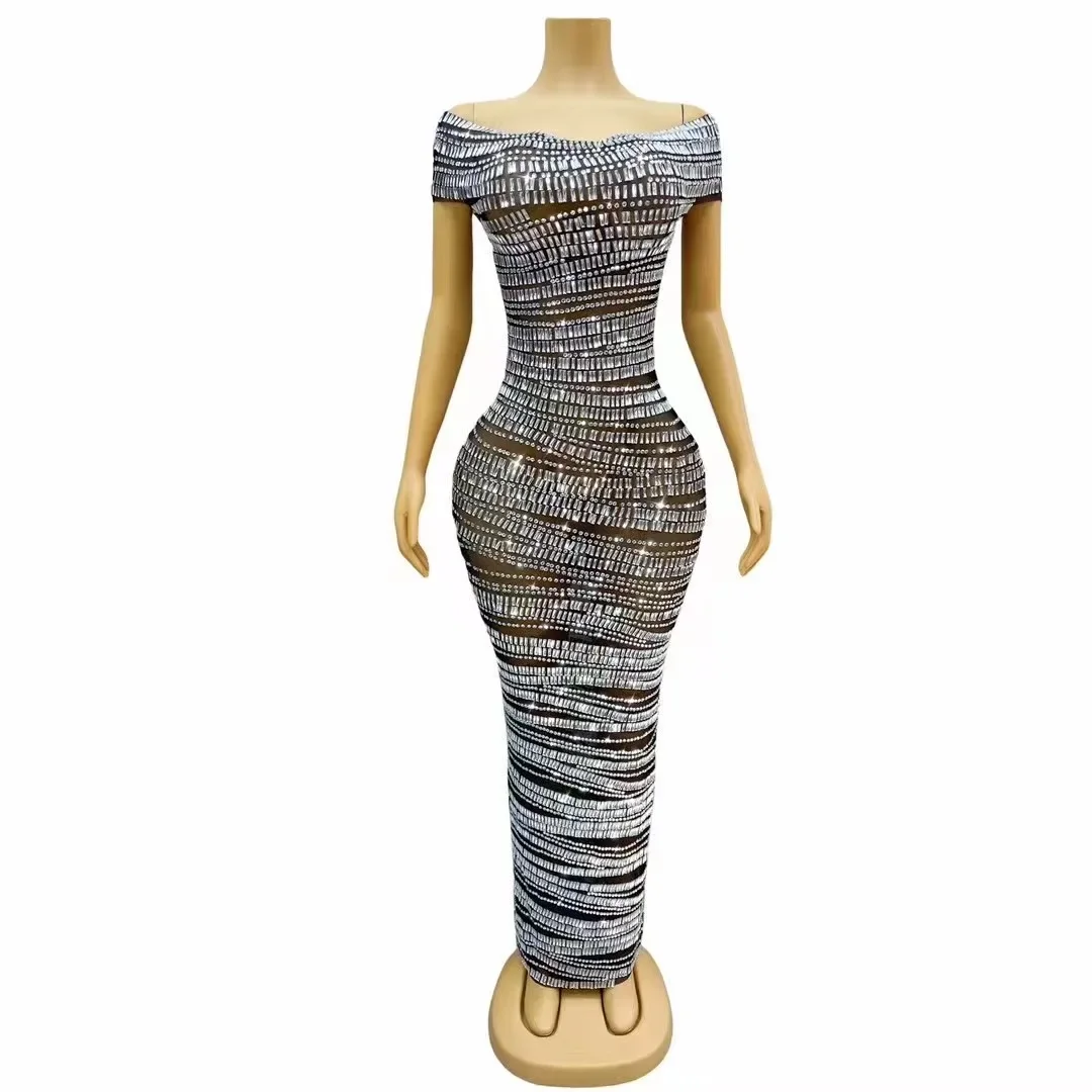 Birthday Dress Rhinestones Women Sexy Stage Off-shoulder See Through Evening Prom Celebrate Birthday Dress Photo Shoot Dress
