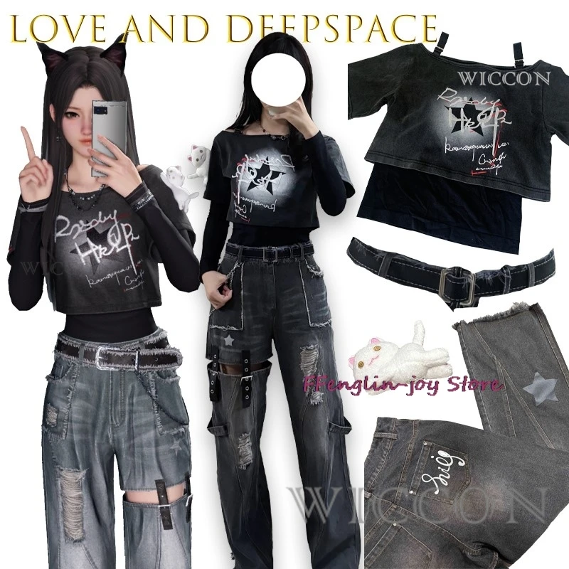 

Love And Deepspace Player Character Chinese Otome Cosplay Costume Cool Style Shirt Jeans Women & Girl Suit Halloween