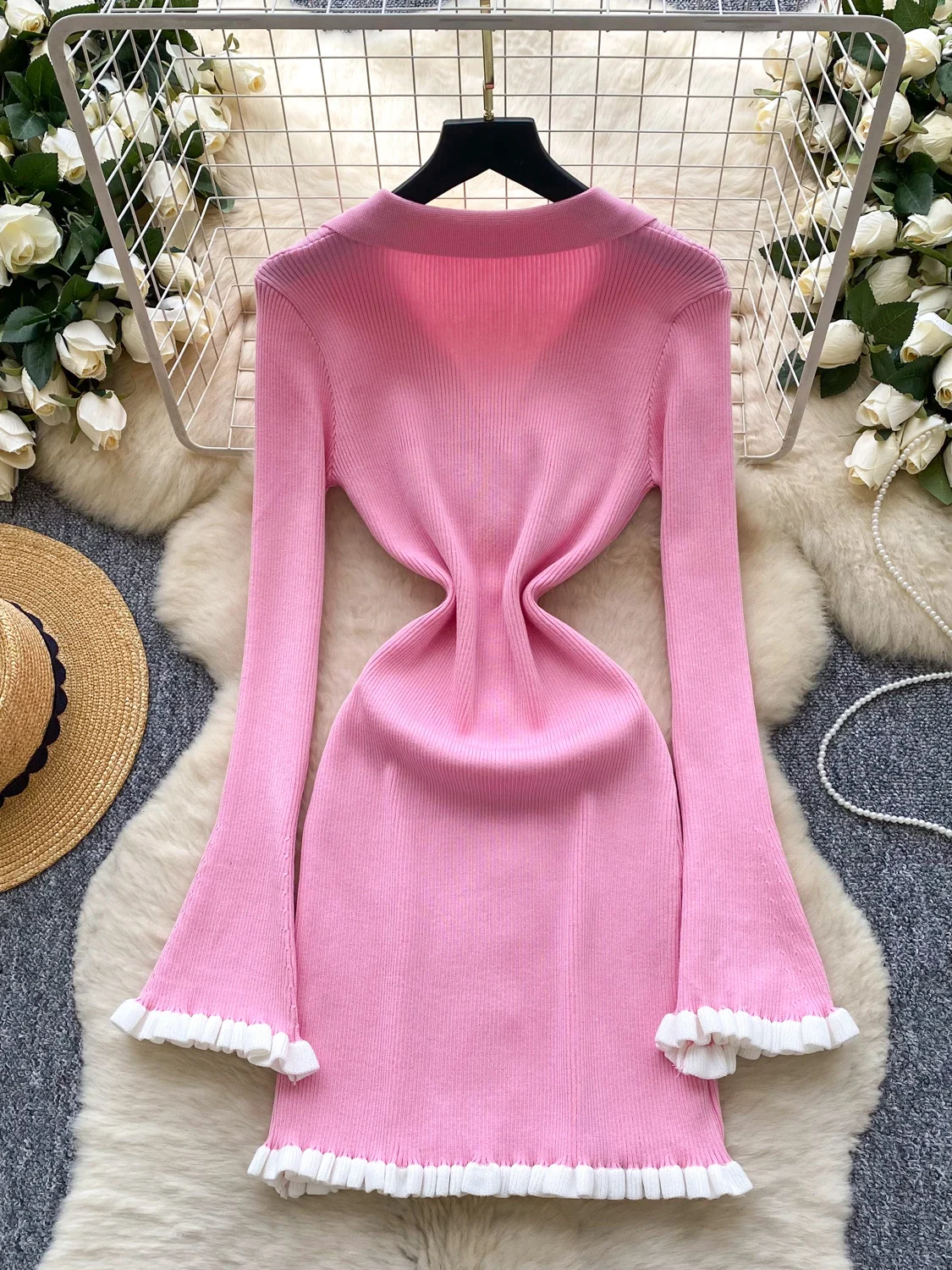 فستان محبوك فاخر للنساء بقصة ضيقة وياقة مقلوبة وتنورة متوسطة الطول مناسب للتنقل في المدينة بأسلوب كوري وخصر مرتفع مصنوع من أل... #4