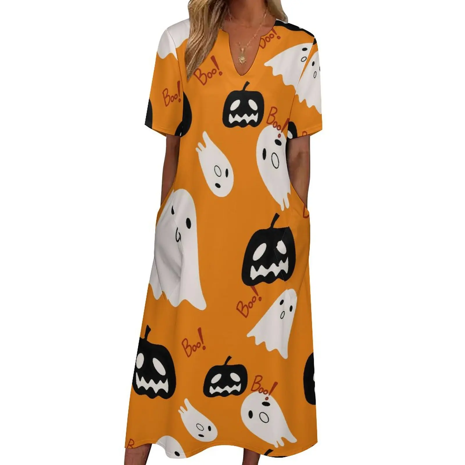 

Happy Haunts Dress Halloween Pumpkin Ghost Party Maxi Dress Short Sleeve Printed Casual Long Dresses Aesthetic Big Size Vestidos