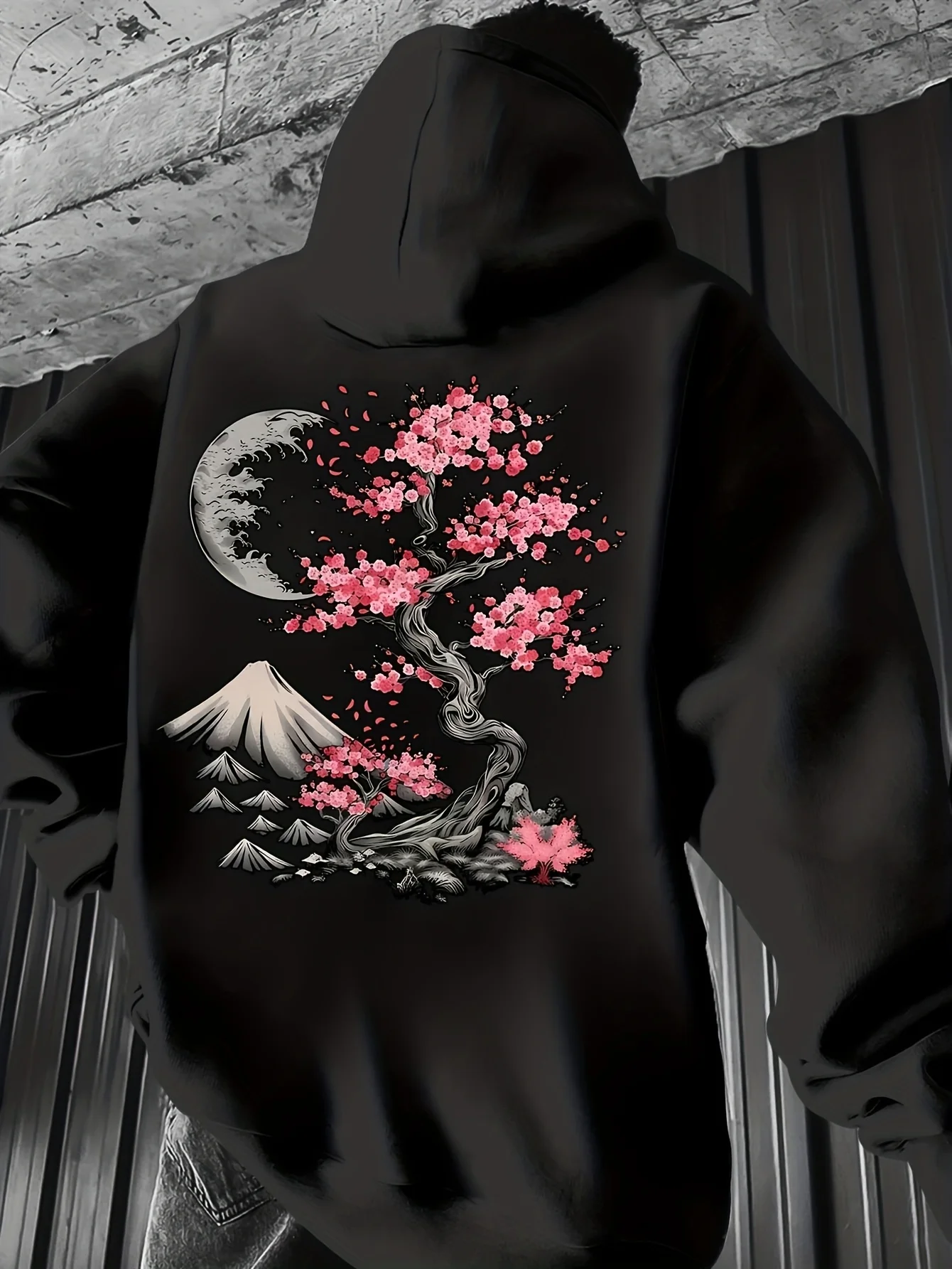 Men's Japanese-Style Hoodie with Cherry Blossom and Five Mountains Design, Black with Pink Cherry Blossom Trees and Japanese Pagoda Design, Kangaroo Pocket, Suitable for All Seasons, Machine Washable, Casual Style, Soft Fabric
