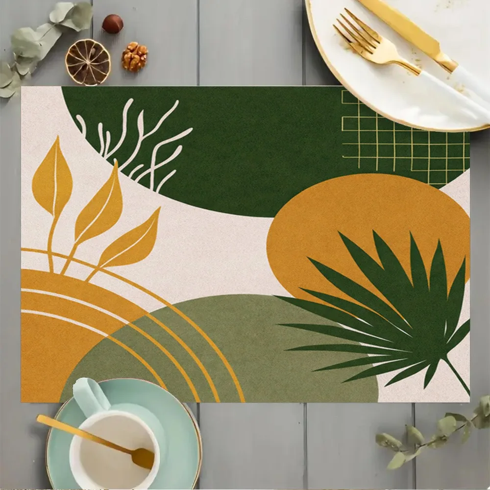 Mid‑Century Modern Table Mats Terracotta Teal Yellow Leaf Geometric Pattern Non‑Slip Placemat Home Dining Decor
