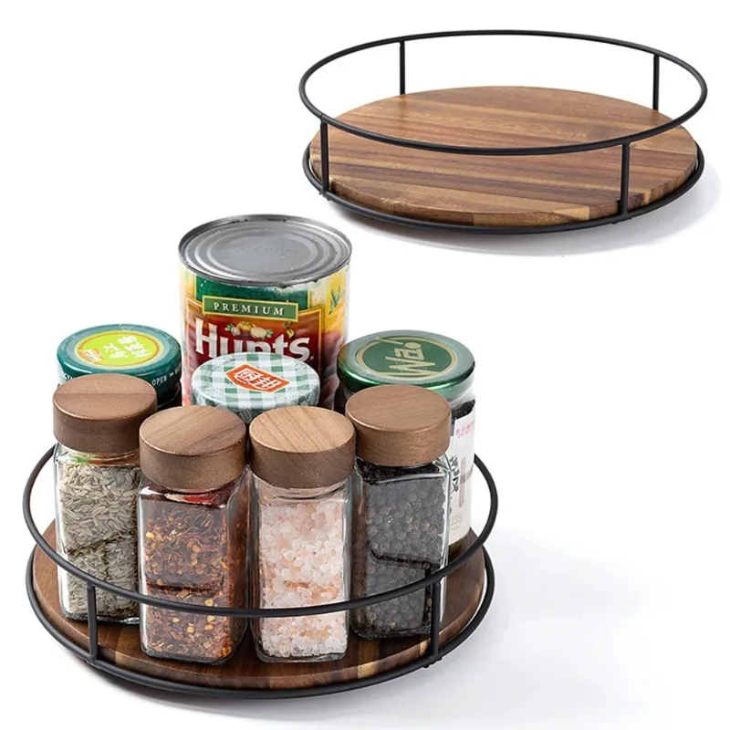 LMETJMA Akazienholz Lazy Susan Drehplatte mit Metallrahmen Küchenorganizer Arbeitsplatten-Aufbewahrung Holz-Serviertablett-Ständer
