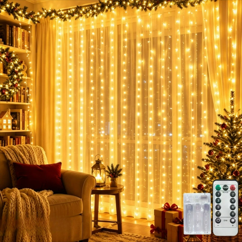 Battery Operated Curtain String Lights with Remote 8 Modes 100‑600LED Warm White Multicolor Fairy Light for Wedding Xmas Decor