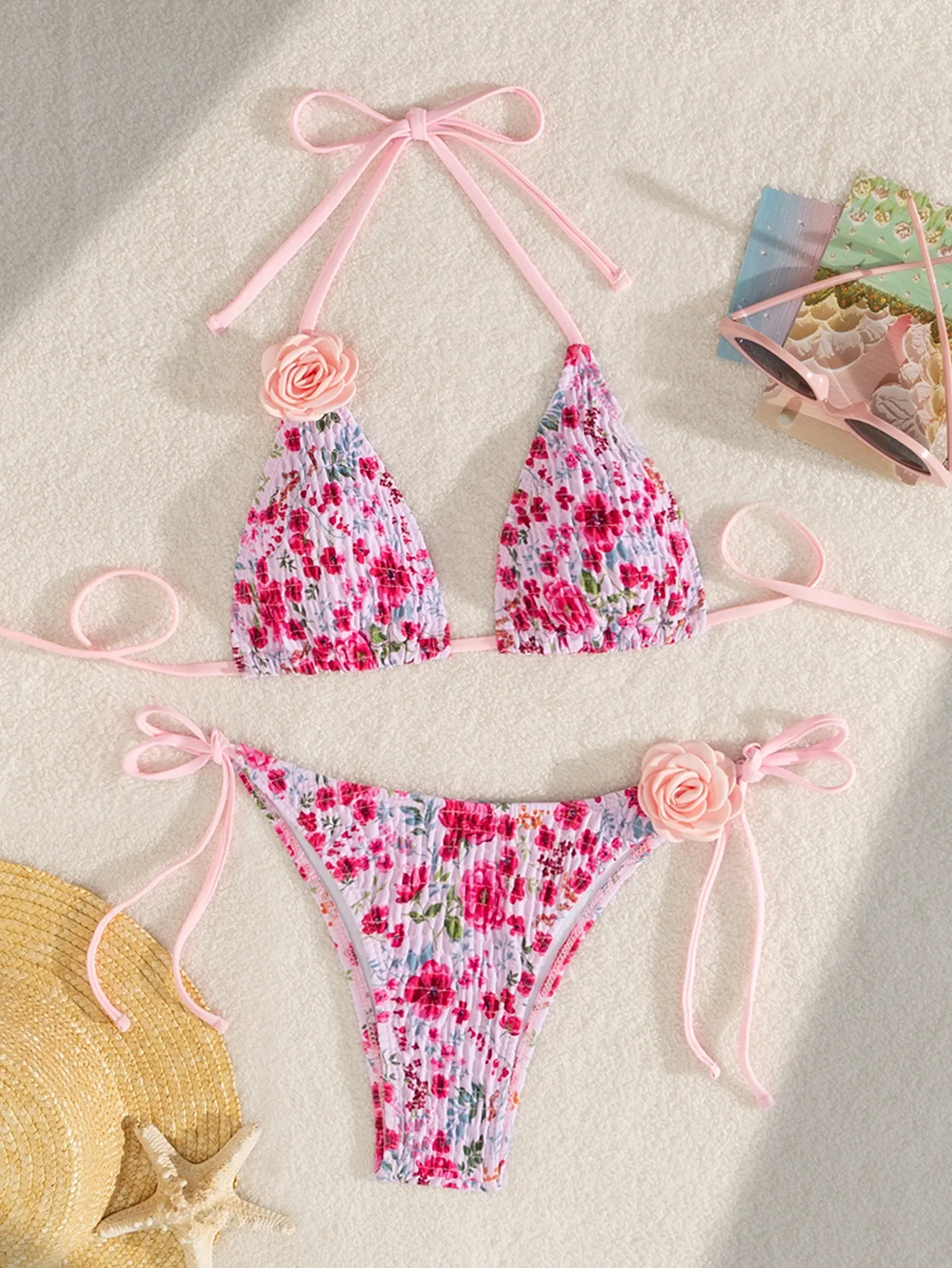 Sexy 3D Rose Flower Bikini Set 2025 Women Pink Floral Print Pleate Push Up Bra Thong Swimsuit Beach Bathing Suit Micro Swimwear