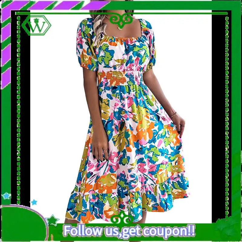 A18P-ผู้หญิงชุดลําลองฤดูร้อน 2025 ฤดูใบไม้ผลิพัฟแขนสแควร์คอ A-Line Flowy Boho ดอกไม้ Smocked MIDI ชุด