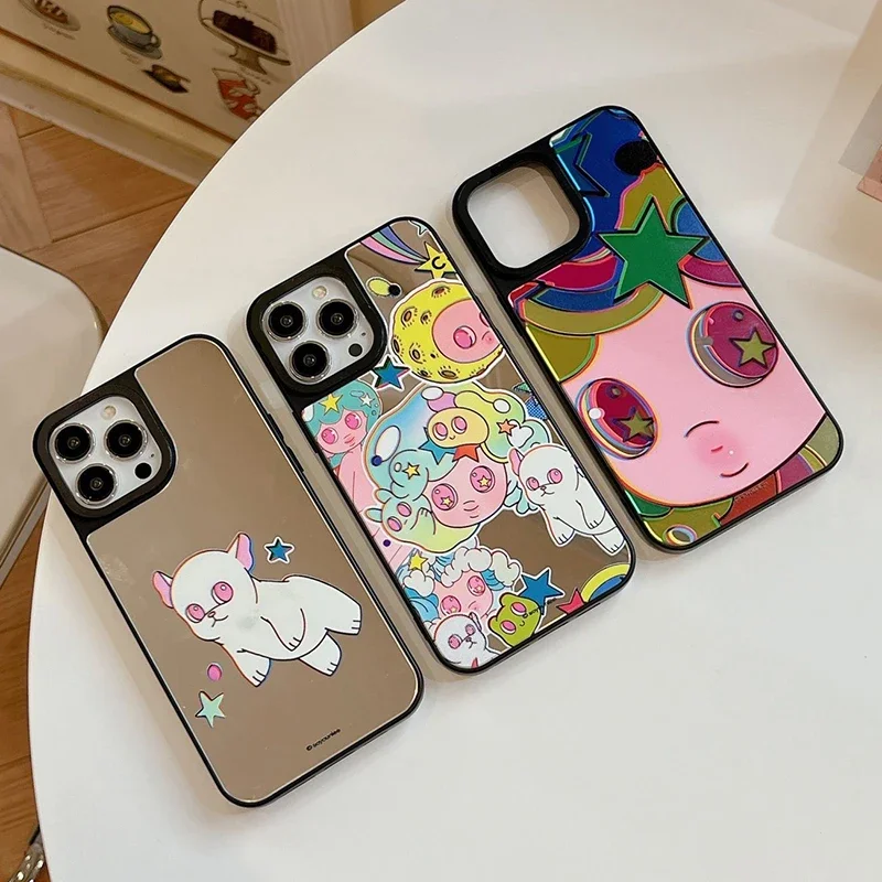 

Cartoon Big Eyes Girl Black Border Mirror Phone Case Cover for iPhone 11 12 13 14 15 Pro Max Case