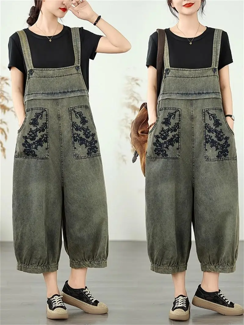 المرأة الصيف وزرة الدنيم فضفاضة واسعة الساق بذلة مع الأزهار التطريز جيب خمسة أرباع طول جينز غير رسمي رومبير G917
