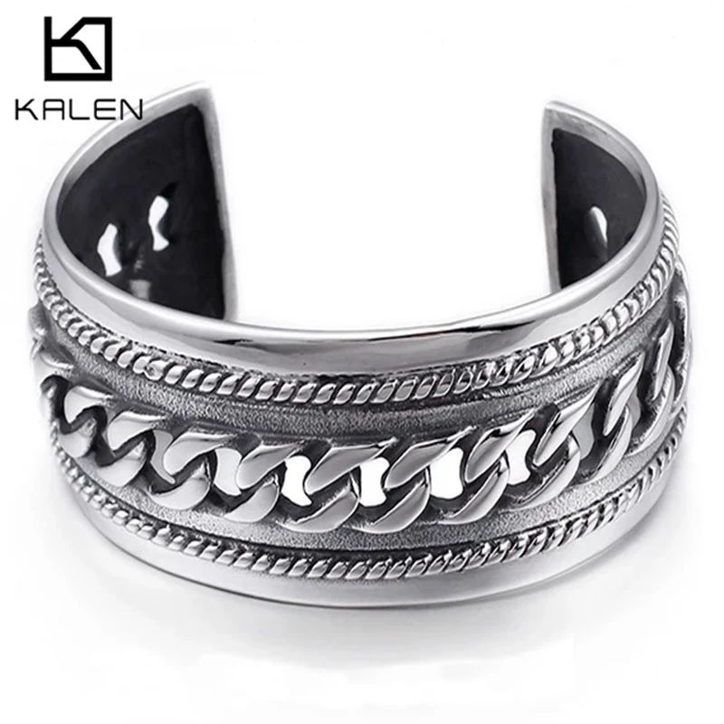 

KALEN Stainless Steel Cuff Bracelet For Men Hip Hop Silver Color Twisted Bangle Male Charms Jewelry Gift