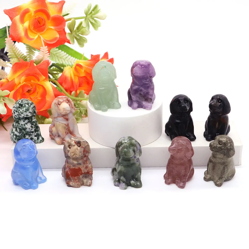 30mm Cute Dog Statue Natural Stone Crystal Hand Carved Healing Animal Figurine Reiki Gemstone Craft Home Decoration Holiday Gift