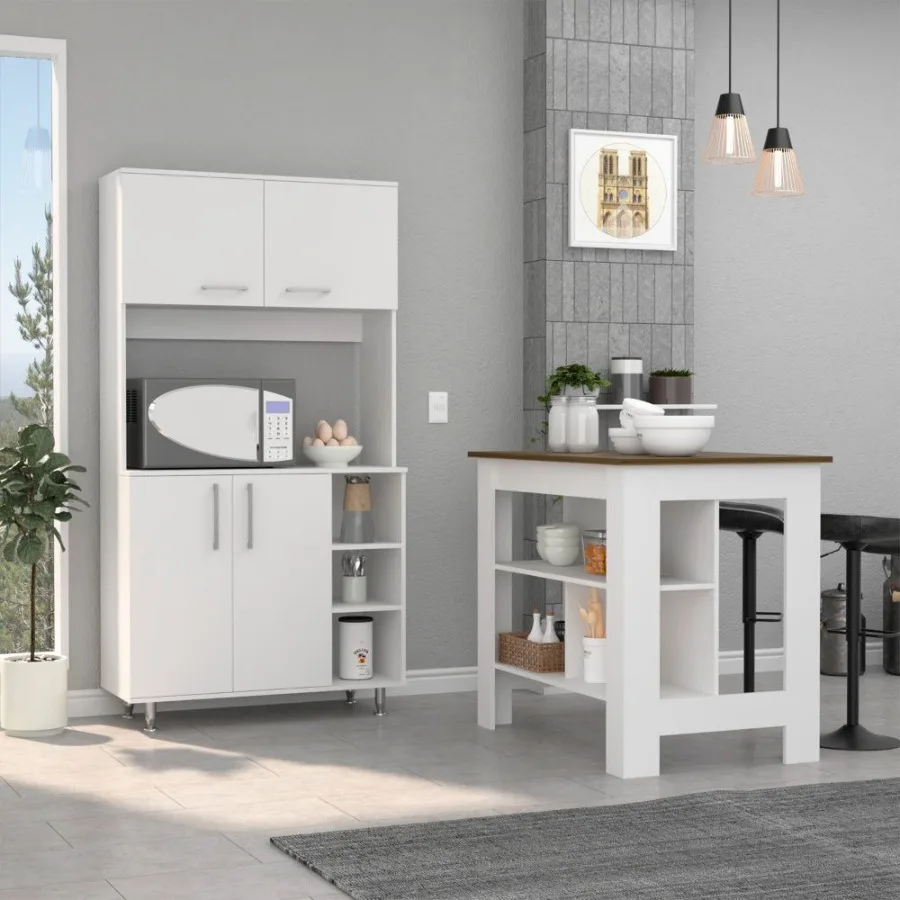 

Ralston 7Shelf 4Door Кухонный набор из 2 предметов Кухонный остров и шкаф для кладовой Белый и орех
