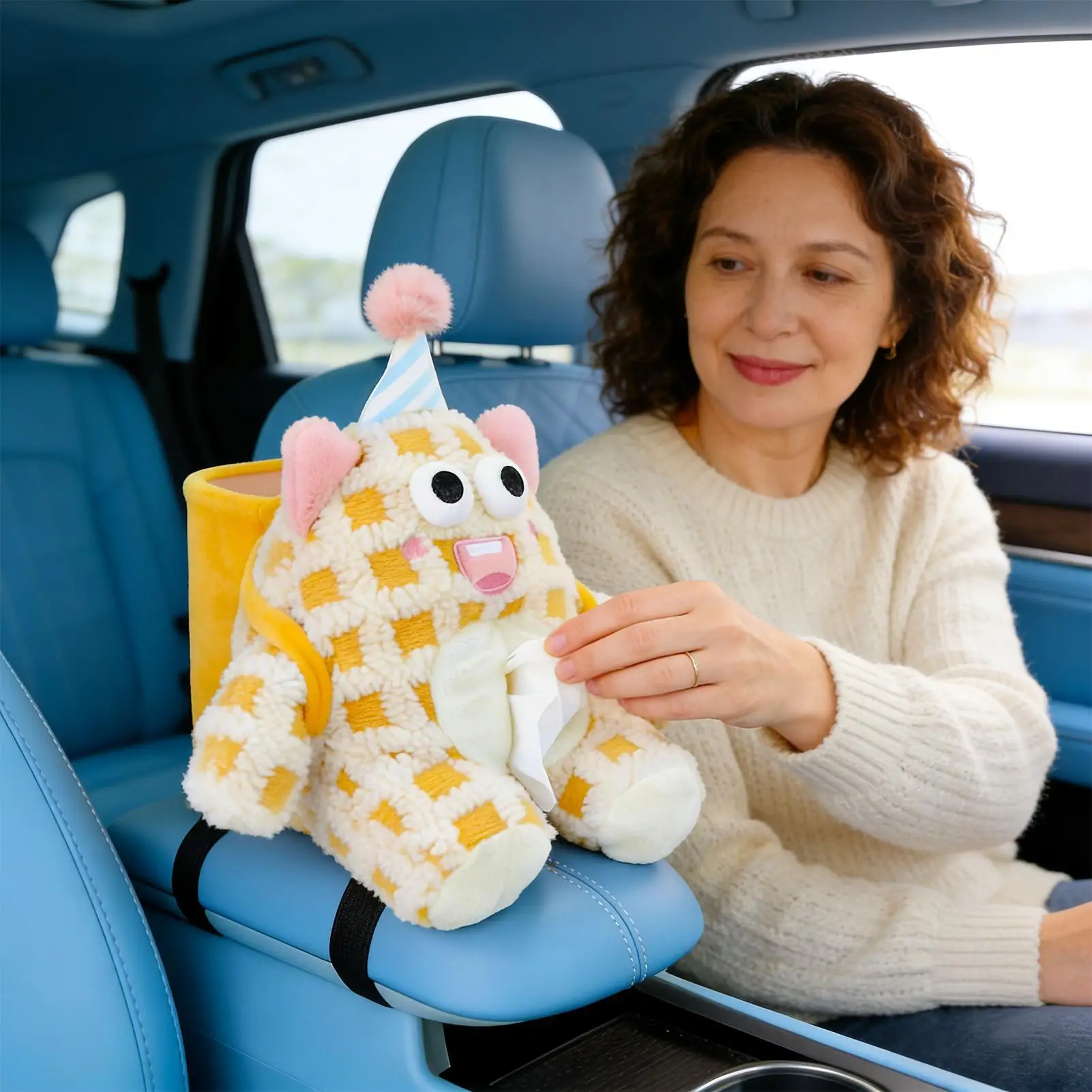 

Adorable Car Interior Decor Functional Tissue Holder & Mini Bin in One, Adds a Touch of Cuteness While Solving Storage Needs