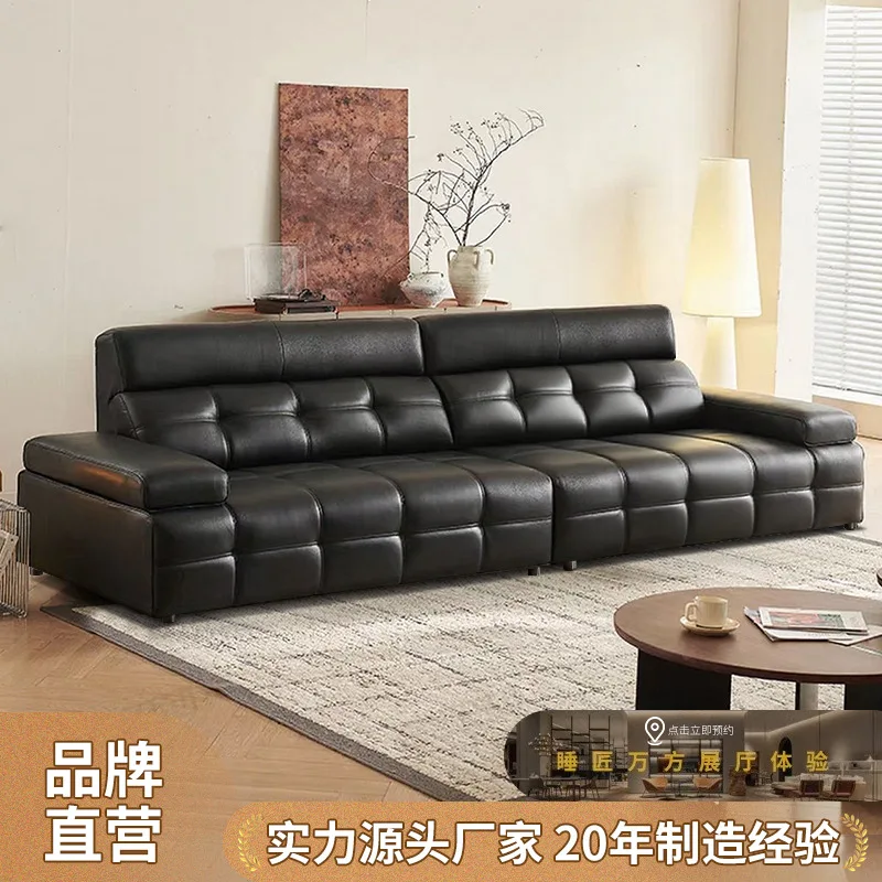 Кожаный диван первого слоя из воловьей кожи с высокой спинкой, прямой ряд, маленькая квартира, минималистичный светлый роскошный элитный черный диван