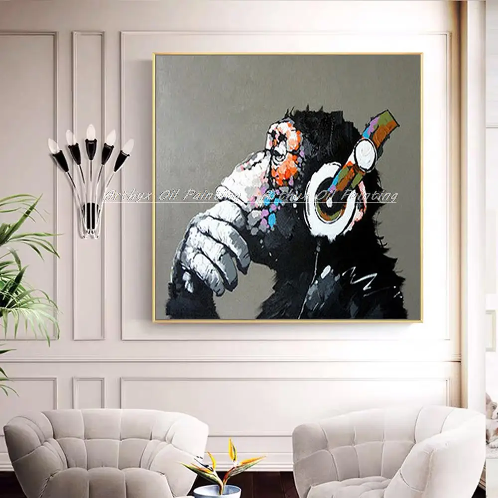 Arthyx Handpainted Gorilla Enjoying Music Animals Oil Paintings On Canvas,Pop Art Modern Wall Picture For Living Room,Home Decor