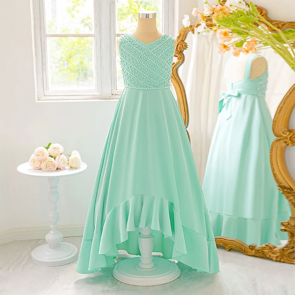 Neue Prinzessin Mädchen Grün Langes Kleid Ältere Kinder Perlen Schwalbenschwanz Rock Kinder Geburtstag Party Laufsteg Abendkleid ASQ03