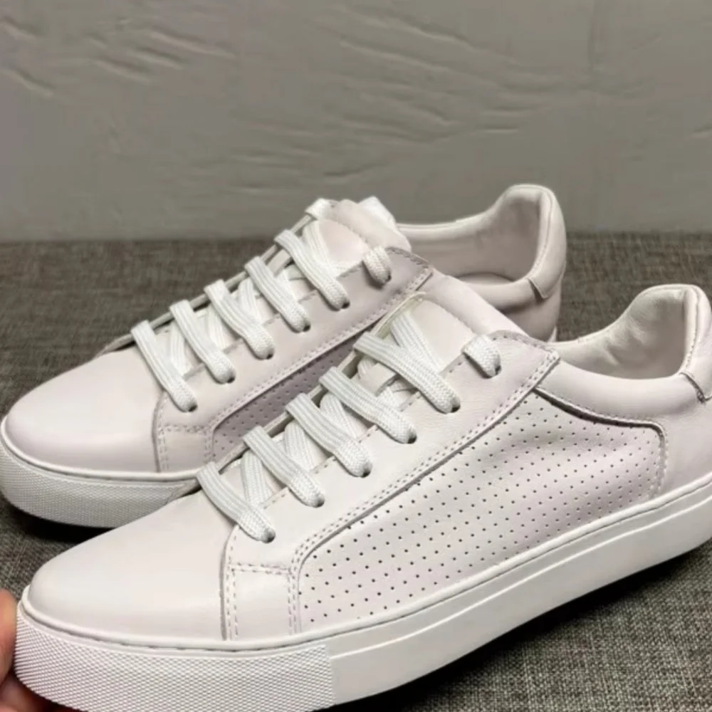

QHCCID Men's Leather White Sneakers Lightweight Breathable Casual Platform Shoes Hollow Design Trendy Footwear