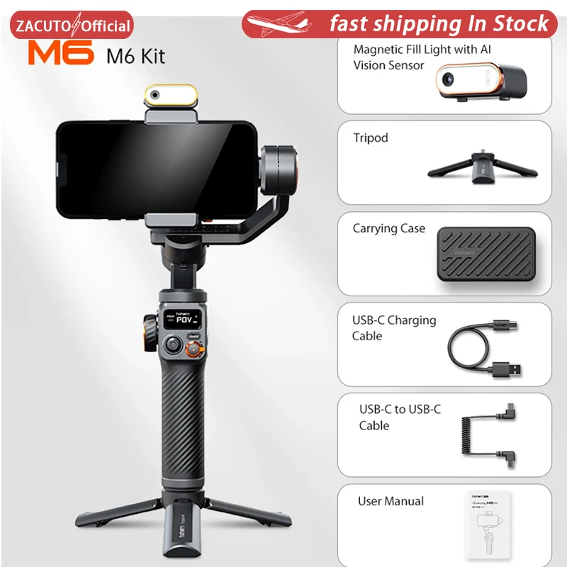 Hohem iSteady M6 3-assige gimbal-stabilisator Opvouwbare selfiestick met APP-bediening en magnetisch invullicht voor smartphone mobiele telefoon