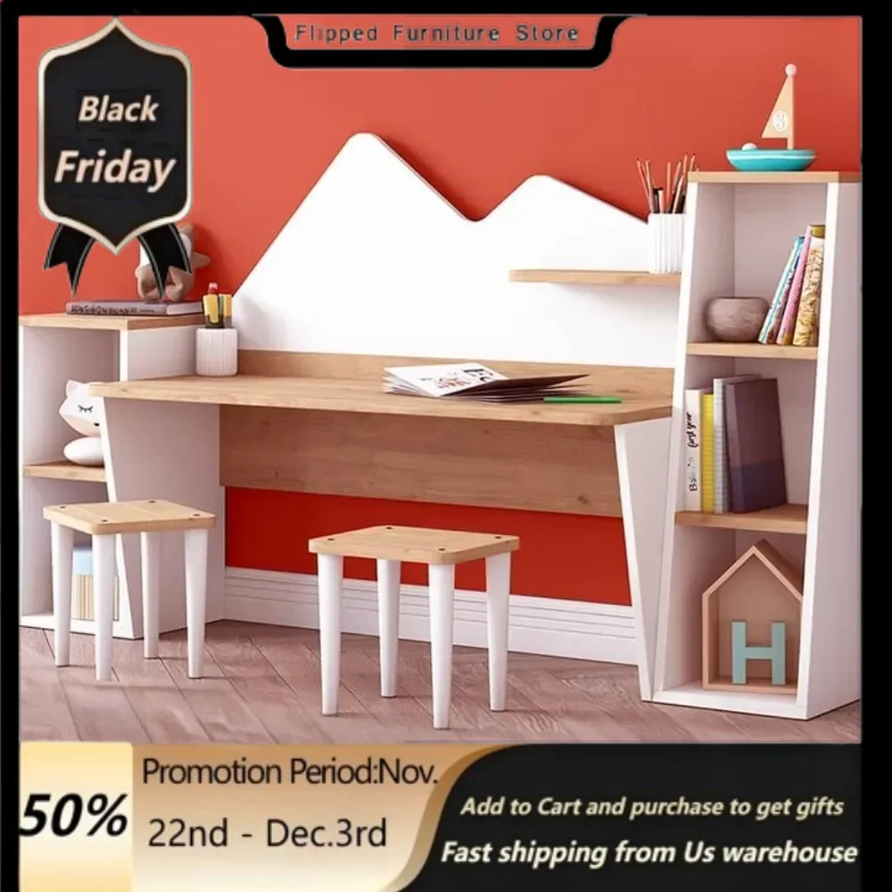 School Desks.Kid's Study Desk with Bookshelf + 2 Stools for Ages 3-8, Wooden Children Activity Table with Hutch and Shelves