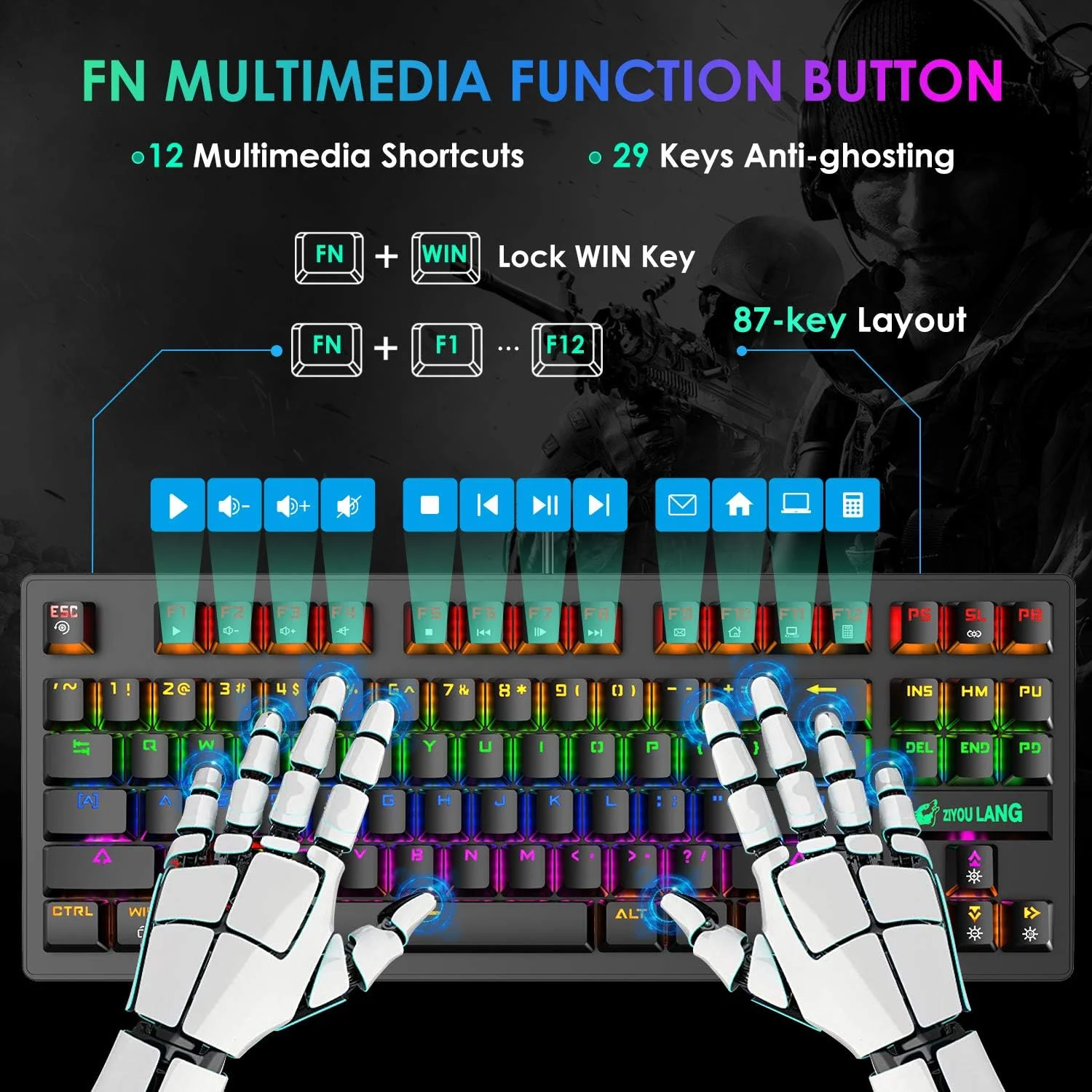 K2 Gaming Keyboard and Mouse Set Mechanical Blue Switch Mini 82 Keys Wired Rainbow LED Backlit Keyboard,Lightweight Mouse