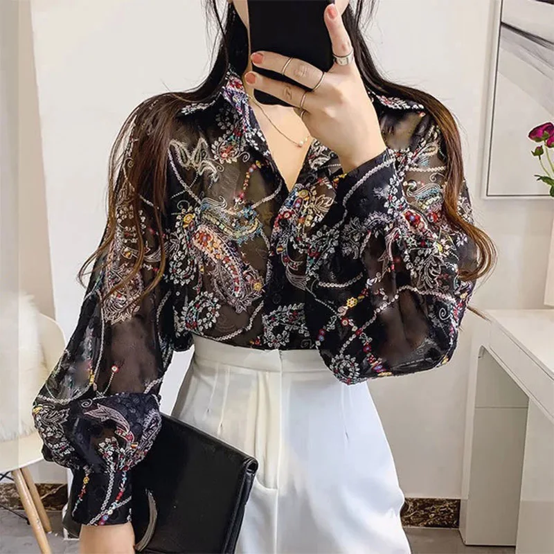 Vintage Printed Fashion Lapel Puff Sleeve Button Loose Chiffon Shirt Plus Size Spring Autumn Blouse Casual Female Clothing Tops