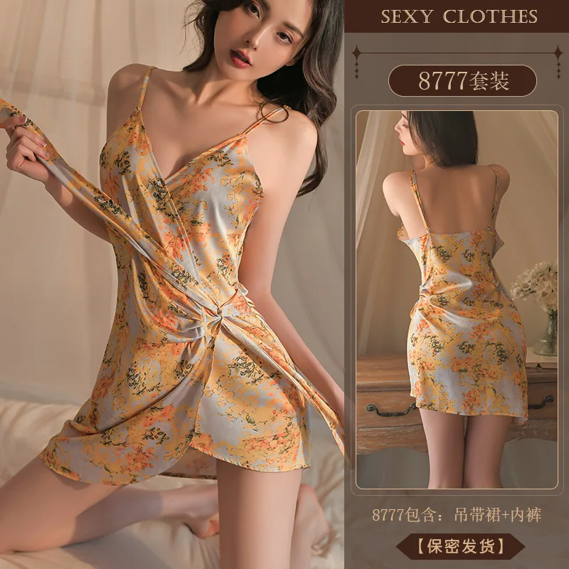 Camisón con Tirantes Florales Tallas Grandes 150kg+ para Mujer, Lencería Sexy con Cuello en V y Cordones, Pijama Mini Vestido de Seda Helada para el Hogar