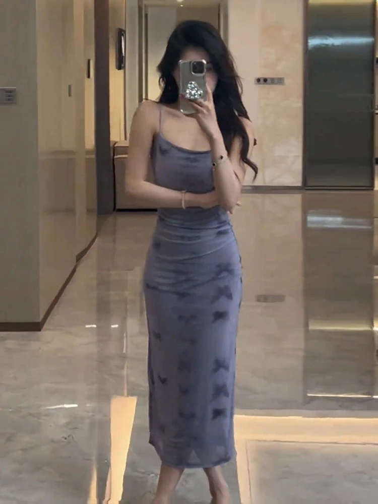Early Summer Women's Purple Print Slim Fit Halter Dress Pure Desire Style Poly Fiber High Waist Bum Lifting Skirt
