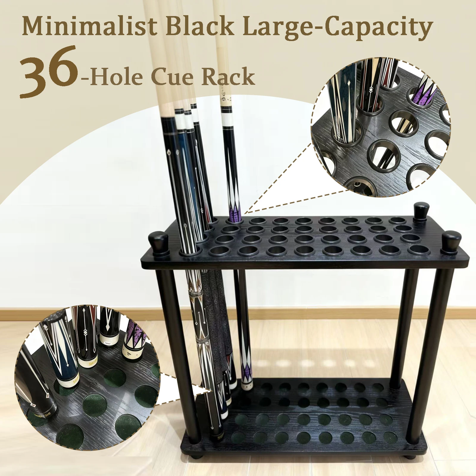 원목 36홀 당구 큐 랙, 각 구멍당 하나씩 큐 보관 랙