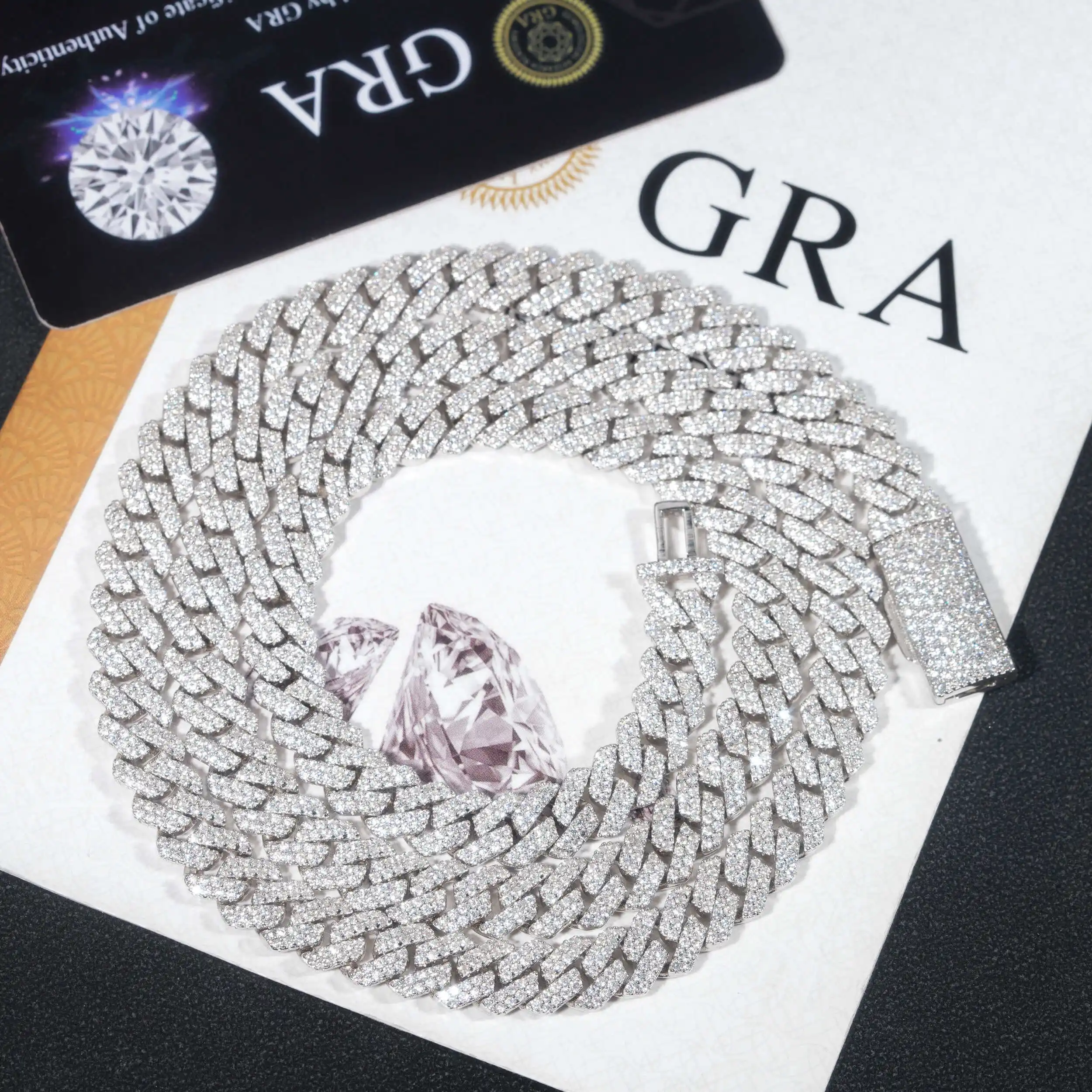 Hip Hop Men 8MM Prong Cuban Link Chain Necklace Bling Iced Out 2Row Moissanite S925 Silver Rhombus Cuban Necklace Jewelry，